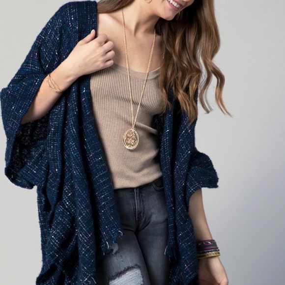 Carissa Navy Metallic Tweed Ruffle Kimono Top - Picture 7 of 7